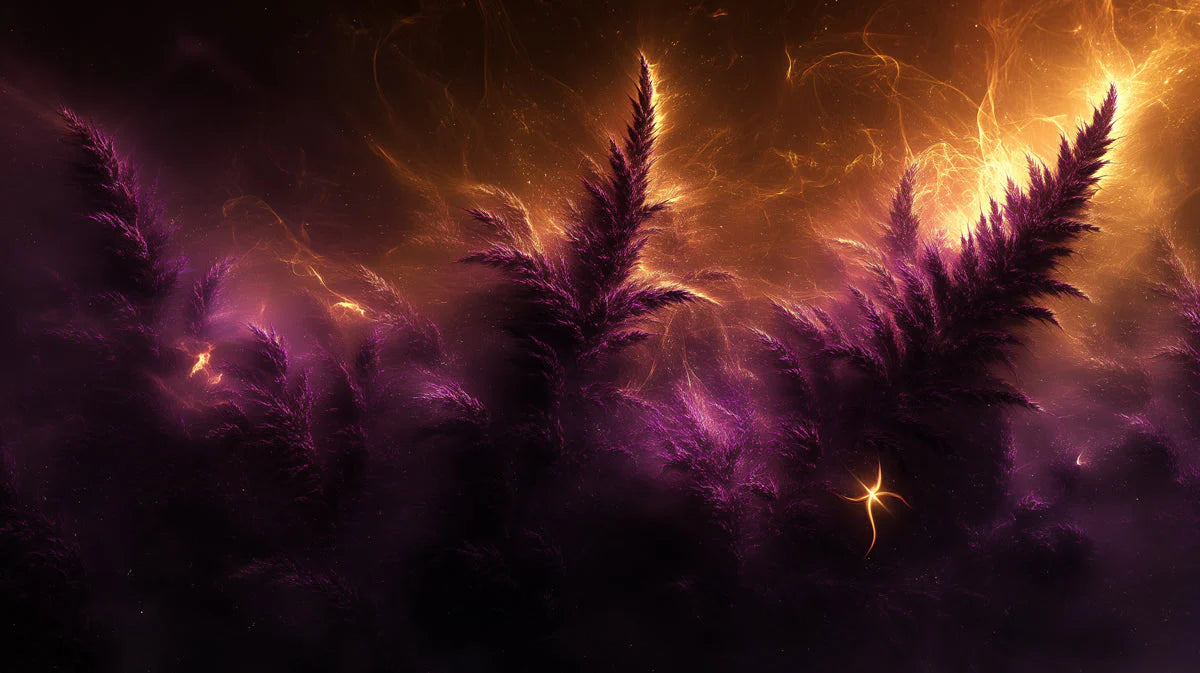 Nebula Fern Botanical Mural Wallpaper — Cosmic Purple and Gold Mural Wallpaper - room preview 02