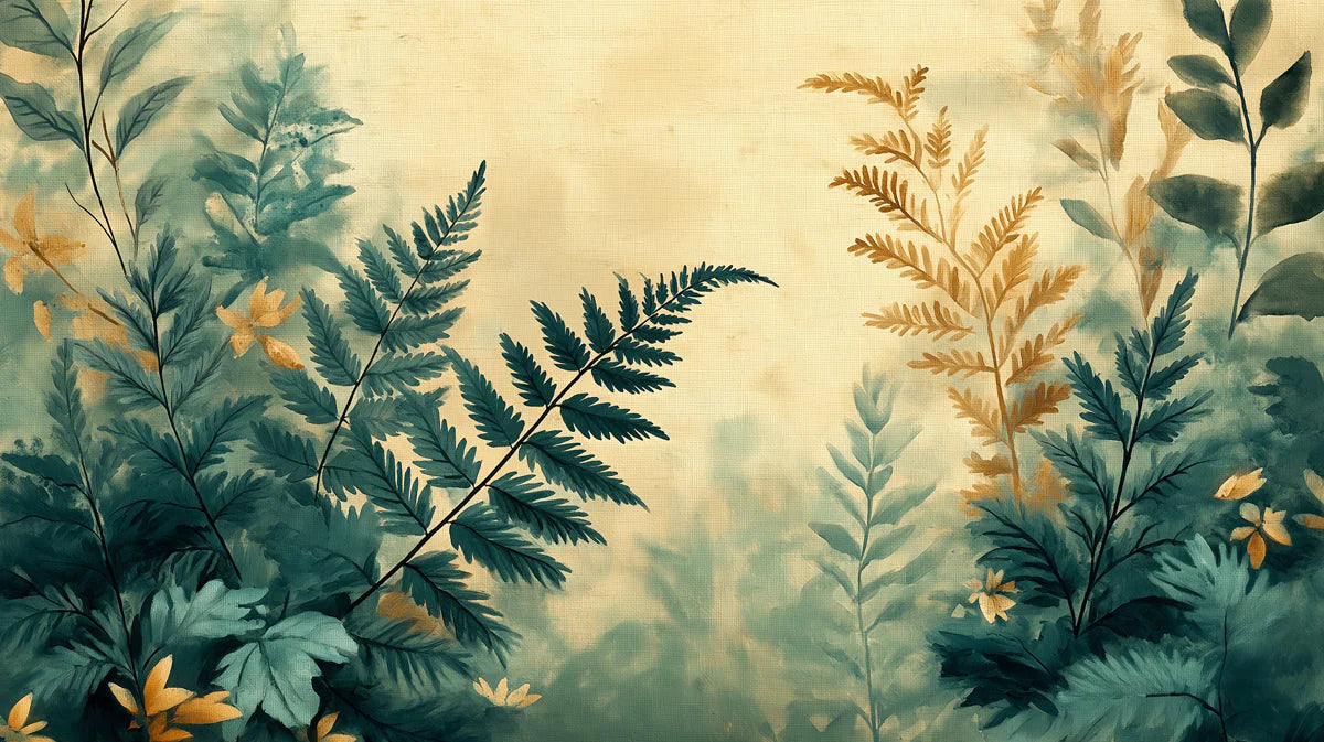 Watercolor Fern Forest Mural Wallpaper — Botanical Ochre Blend Mural Wallpaper - room preview 02