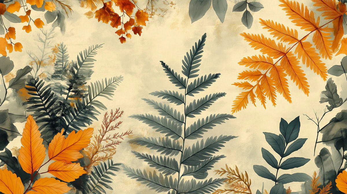 Autumn Fern Foliage Mural Wallpaper — Warm Seasonal Botanical Mural Wallpaper - room preview 02