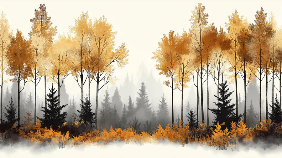Forest Wallpaper Mural – Woodland Wall Mural – Golden Autumn Forest — Painted Woodland Scene printable artwork