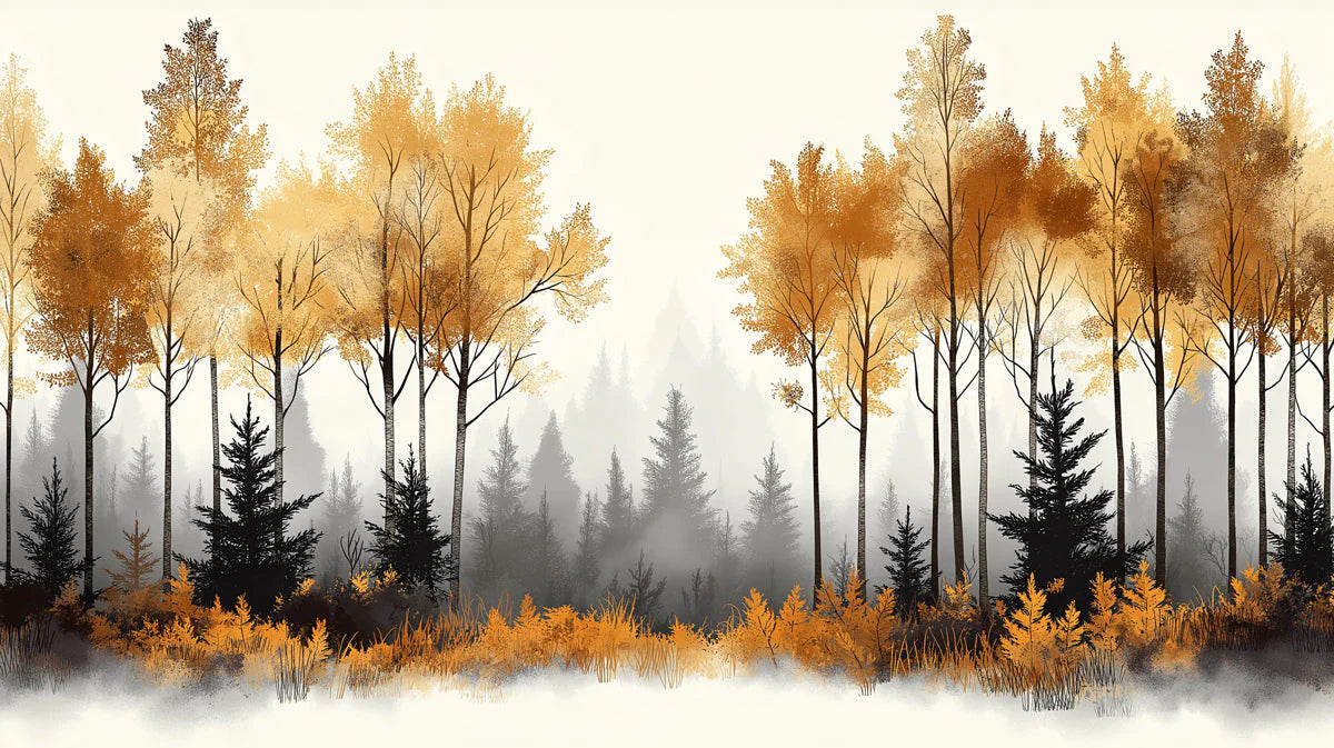 Golden Autumn Forest Mural Wallpaper — Painted Woodland Scene Mural Wallpaper - room preview 02