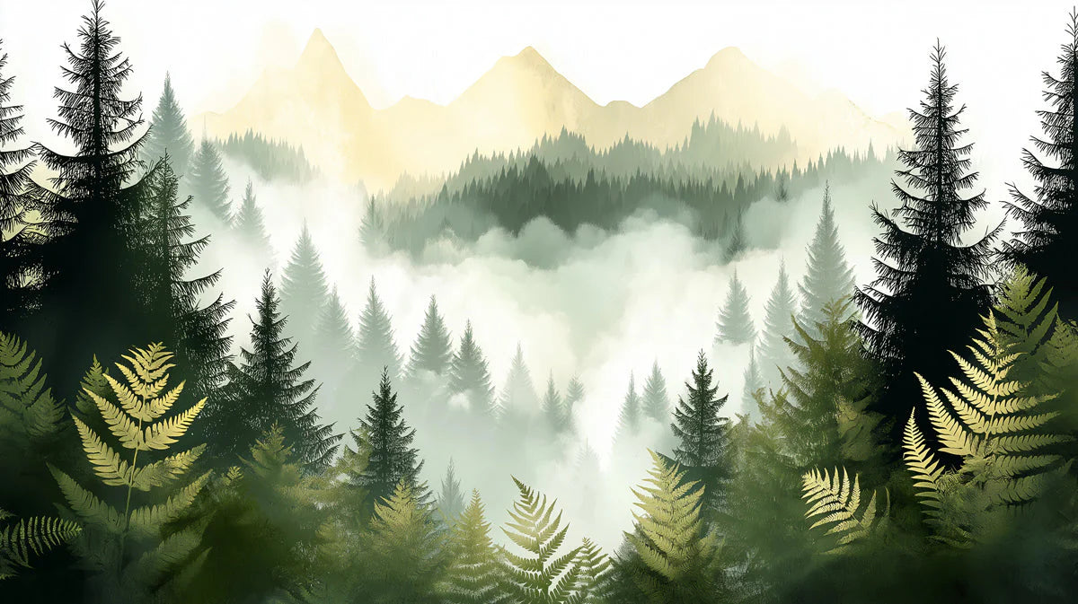 Misty Pine Forest Mural Wallpaper — Impressionistic Mountain Scene Mural Wallpaper - room preview 02