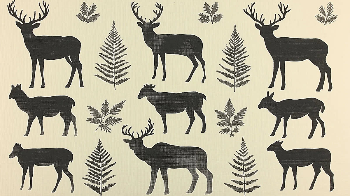 Rustic Deer and Fern Mural Wallpaper — Graphic Wildlife Pattern Mural Wallpaper - room preview 02