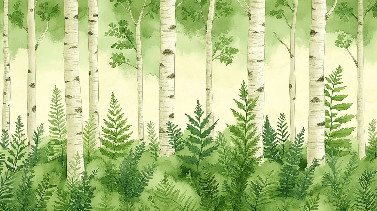 Watercolor Birch Forest Mural Wallpaper — Fresh Botanical Mural Wallpaper - room preview 02