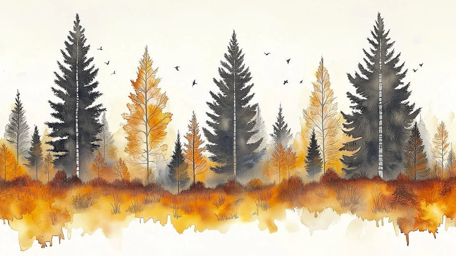 Herbstnebel Wald Wandbild Tapete — Aquarell Wald Design Wandbild Tapete printable artwork