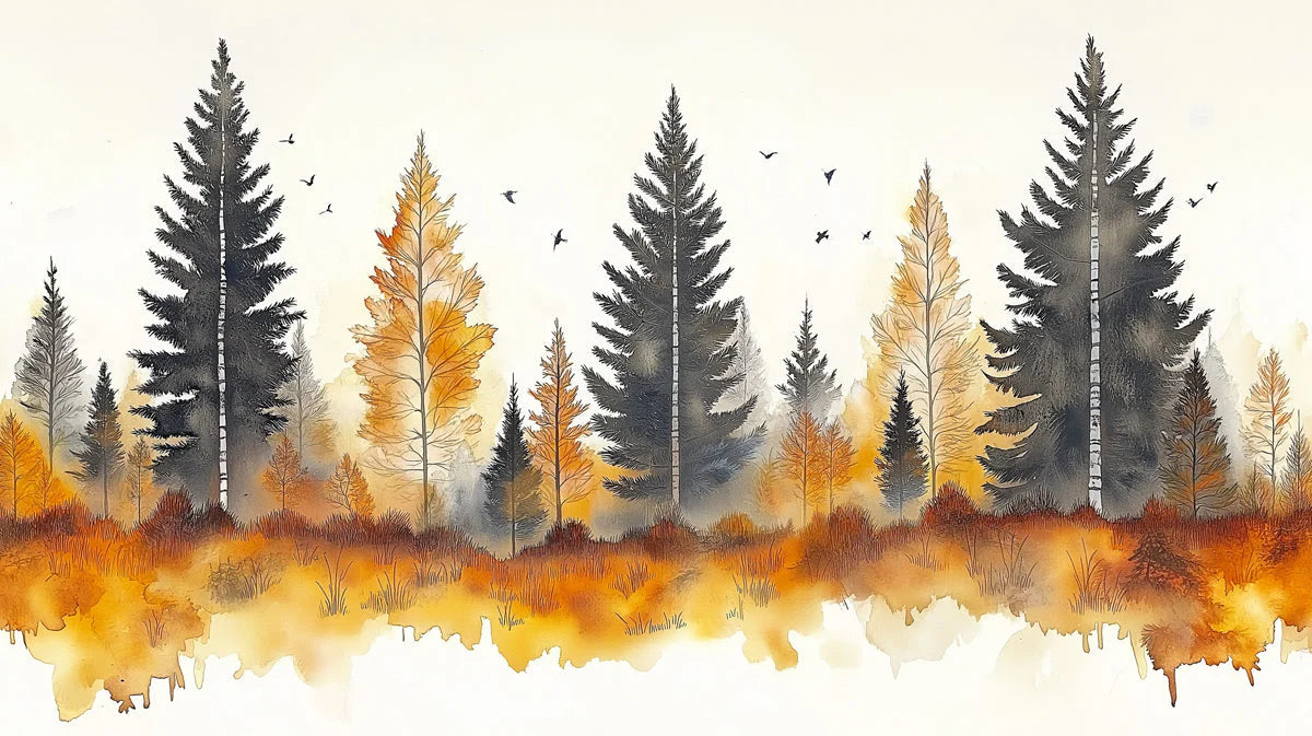 Autumn Mist Woodland Mural Wallpaper — Watercolor Forest Design Mural Wallpaper - room preview 02