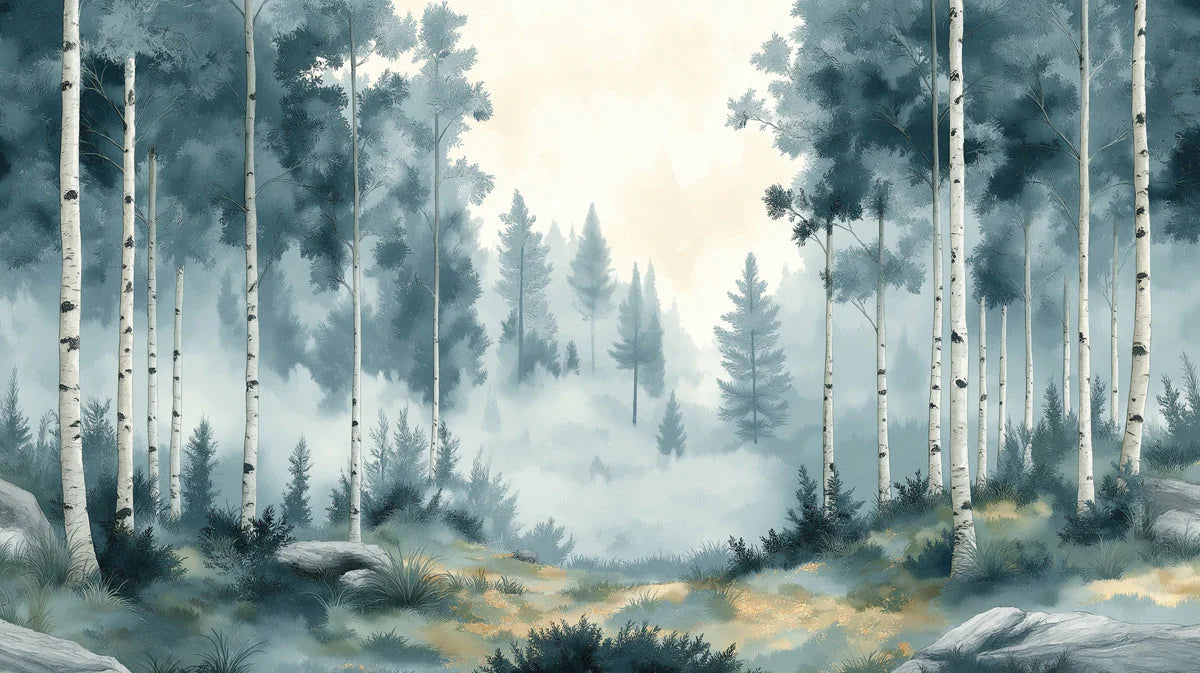 Misty Birch Forest Mural Wallpaper — Cool Watercolor Landscape Mural Wallpaper - room preview 02