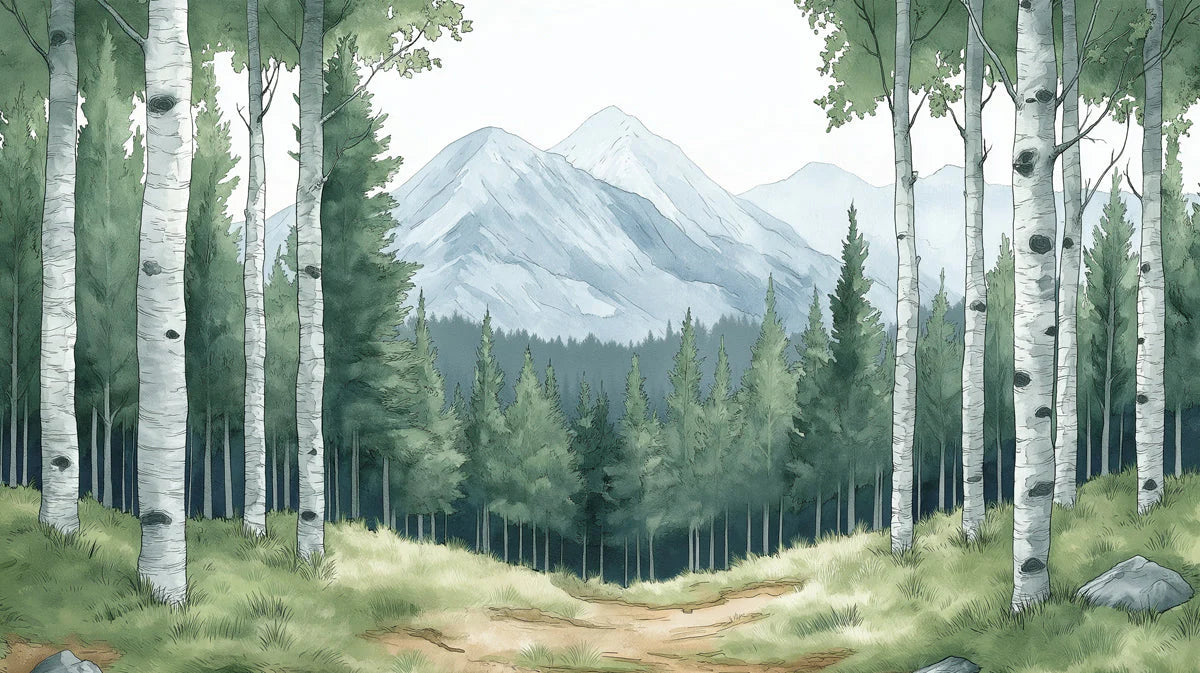 Birch Forest and Mountain Vista Mural Wallpaper — Artistic Design Mural Wallpaper - room preview 02