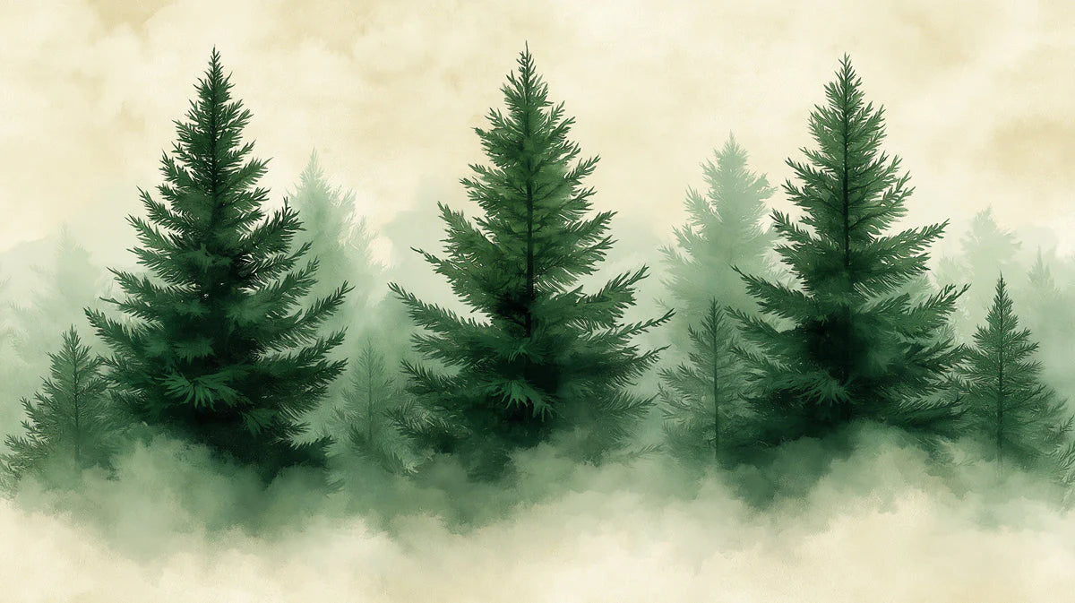 Misty Pine Forest Mural Wallpaper — Impressionistic Woodland Scene Mural Wallpaper - room preview 02