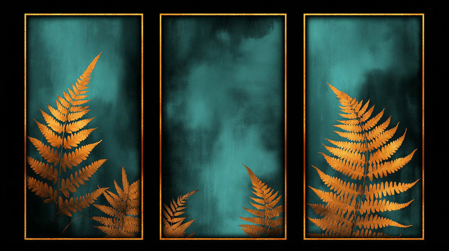 Botanical Wallpaper Mural – Leaf & Plant Wall Mural – Gilded Fern — Teal and Ochre Botanical printable artwork