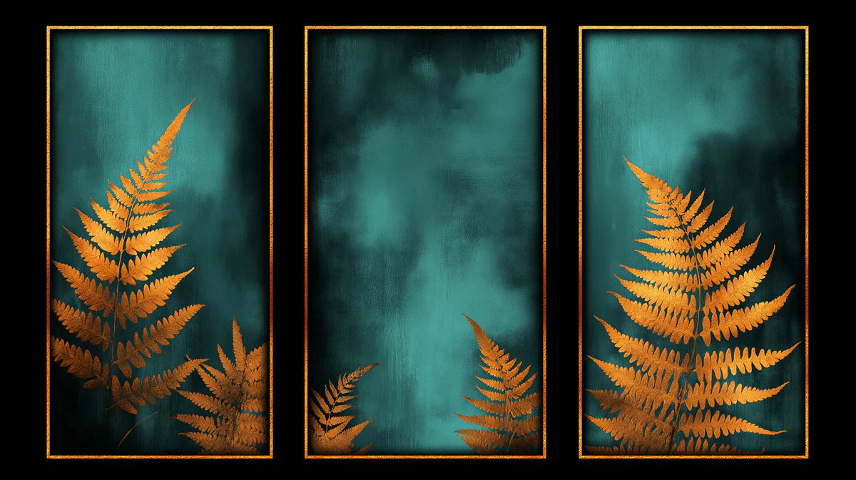 Gilded Fern Mural Wallpaper — Teal and Ochre Botanical Mural Wallpaper - room preview 02