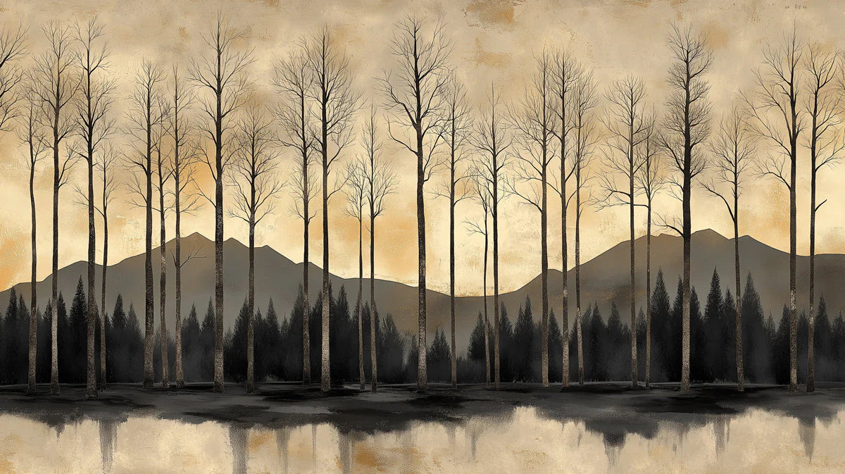Winter Forest Silhouette Mural Wallpaper — Warm Golden Horizon Mural Wallpaper - room preview 02