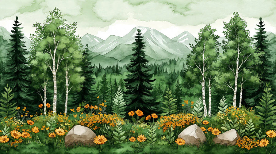 Mountain Wallpaper Mural – Alpine Wall Mural – Misty Mountain Forest with Golden Wildflowers printable artwork