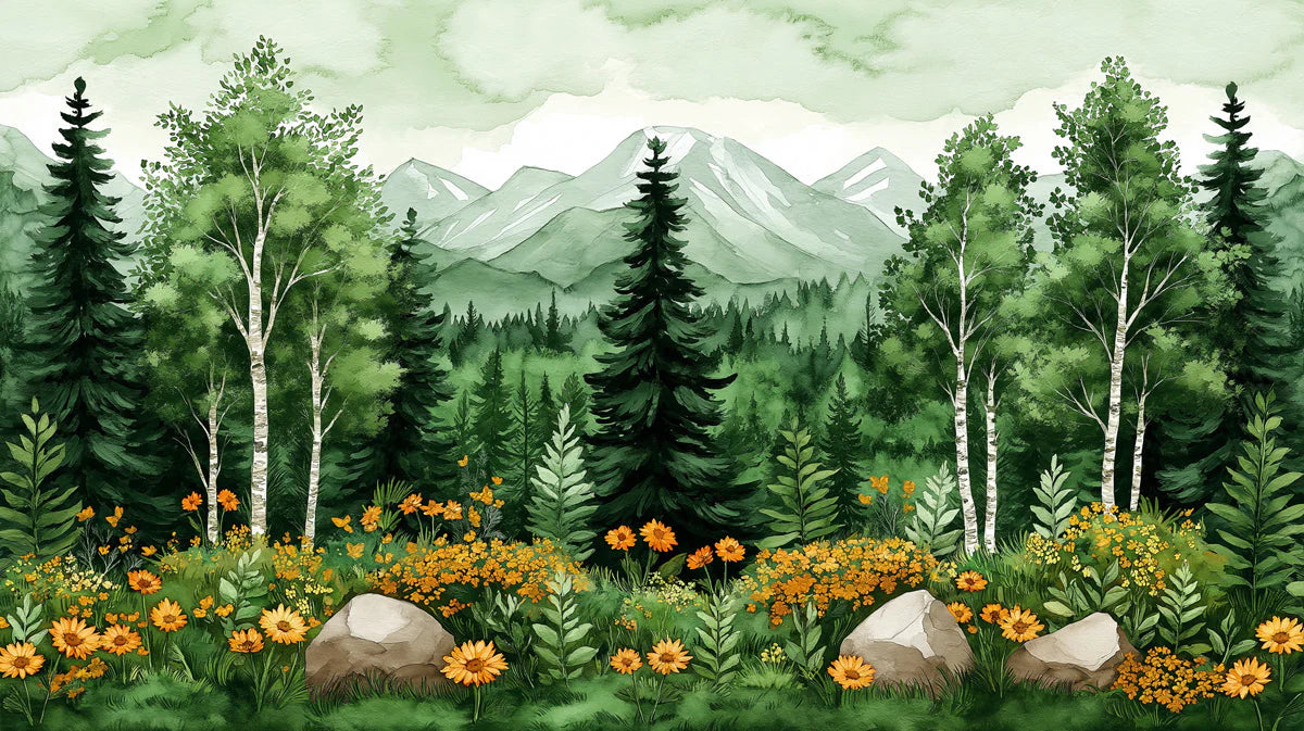 Misty Mountain Forest Mural Wallpaper with Golden Wildflowers Mural Wallpaper - room preview 02