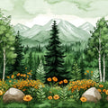 Misty Mountain Forest Mural Wallpaper with Golden Wildflowers Mural Wallpaper - room preview 02