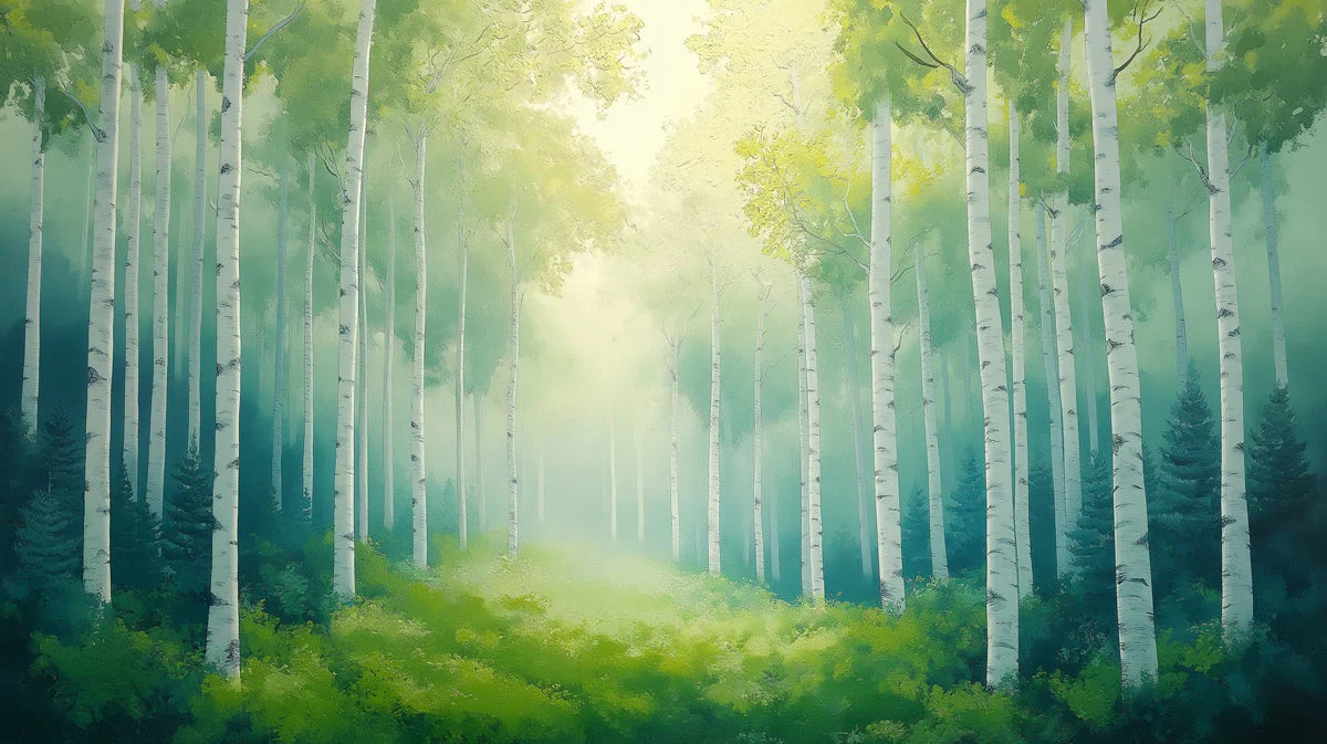 Sunlit Birch Forest Mural Wallpaper — Impressionistic Woodland Scene Mural Wallpaper - room preview 02