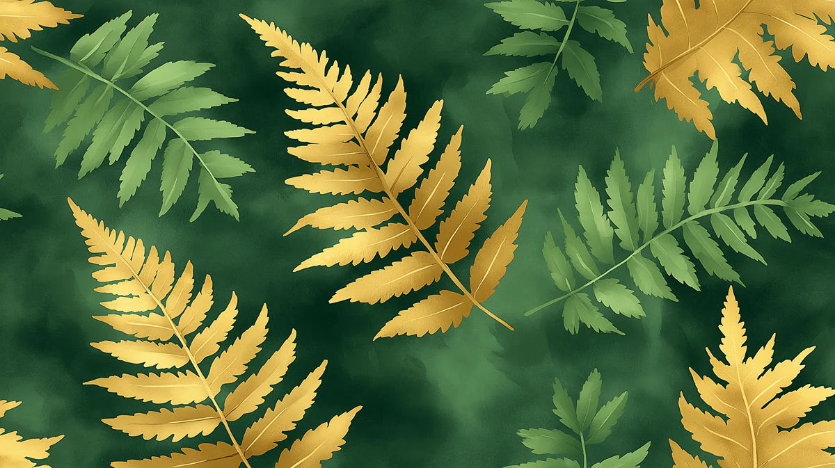 Gilded Fern Botanical Mural Wallpaper — Deep Green and Gold Mural Wallpaper - room preview 02