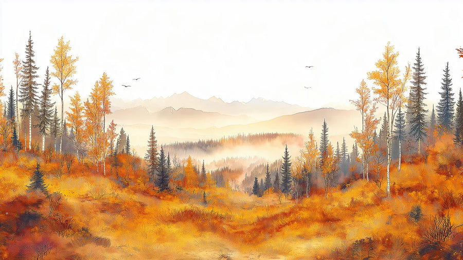 Herbstbergwald-Tapete – Wandgemälde mit Landschaftsmotiv printable artwork