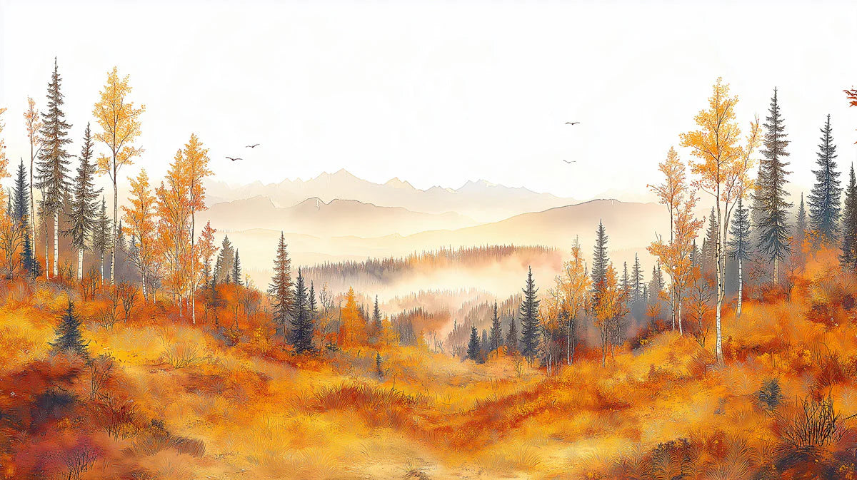 Autumn Mountain Forest Mural Wallpaper — Painted Landscape Mural Wallpaper - room preview 02