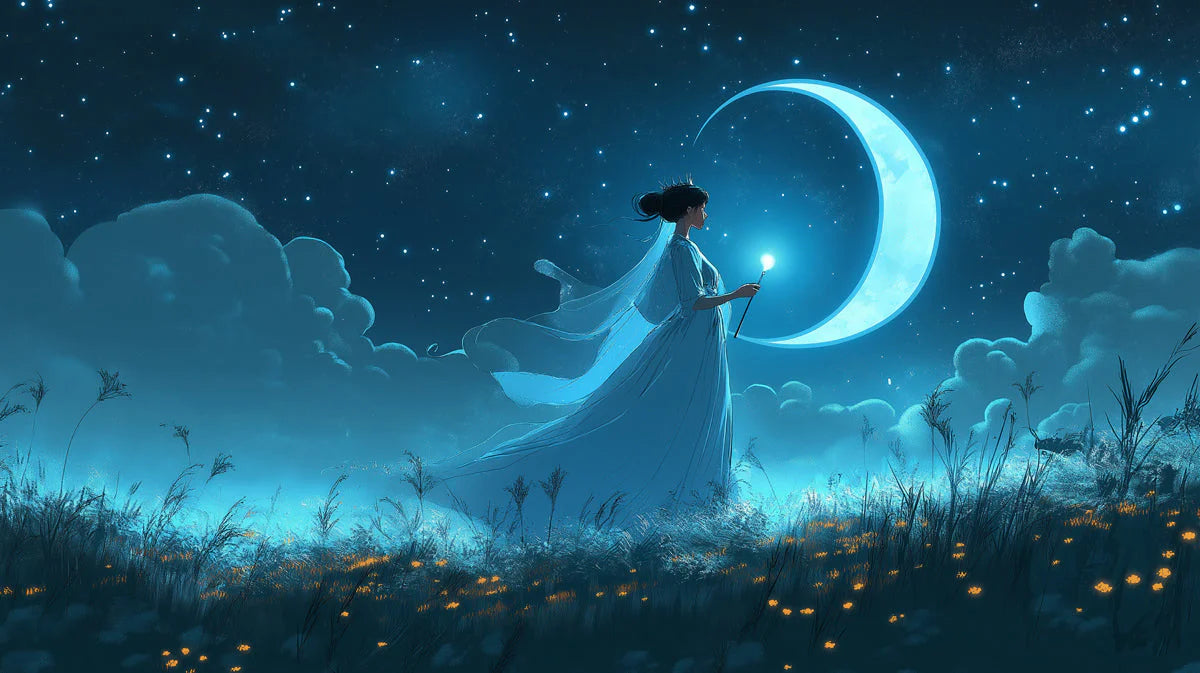 Moonlit Wanderer Mural Wallpaper — Whimsical Night Sky Scene Mural Wallpaper - room preview 02