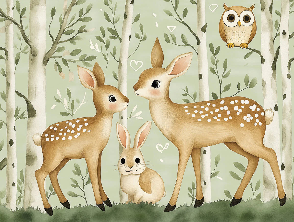 Whimsical Woodland Friends Mural Wallpaper — Soft Forest Scene Mural Wallpaper - room preview 02