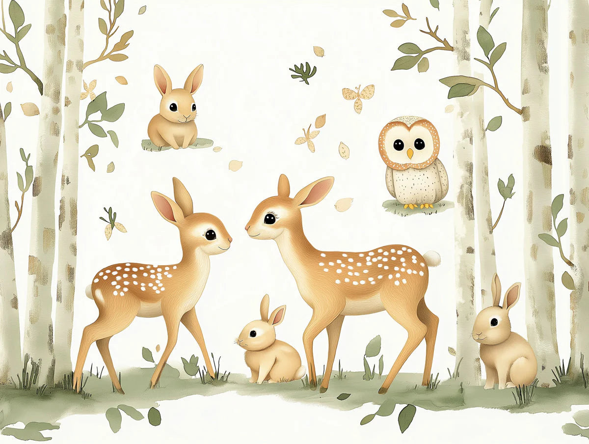 Forest Friends Woodland Mural Wallpaper — Whimsical Soft Tones Mural Wallpaper - room preview 02