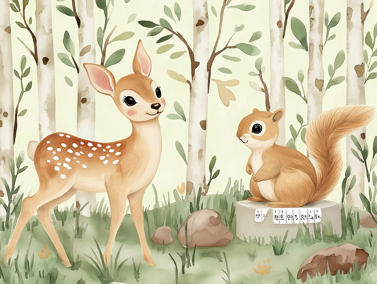 Woodland Friends Illustration Mural Wallpaper — Soft Forest Scene Mural Wallpaper - room preview 02