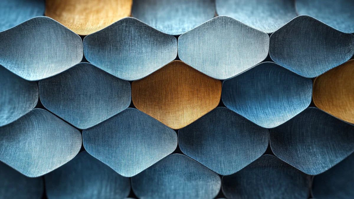 Interlocking Geometric Mural Wallpaper in Blue and Gold Mural Wallpaper - room preview 02