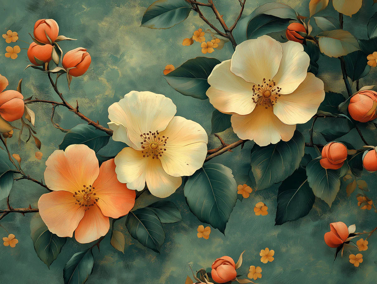 Painterly Wildflower Garden Mural Wallpaper in Soft Teal and Peach Mural Wallpaper - room preview 02