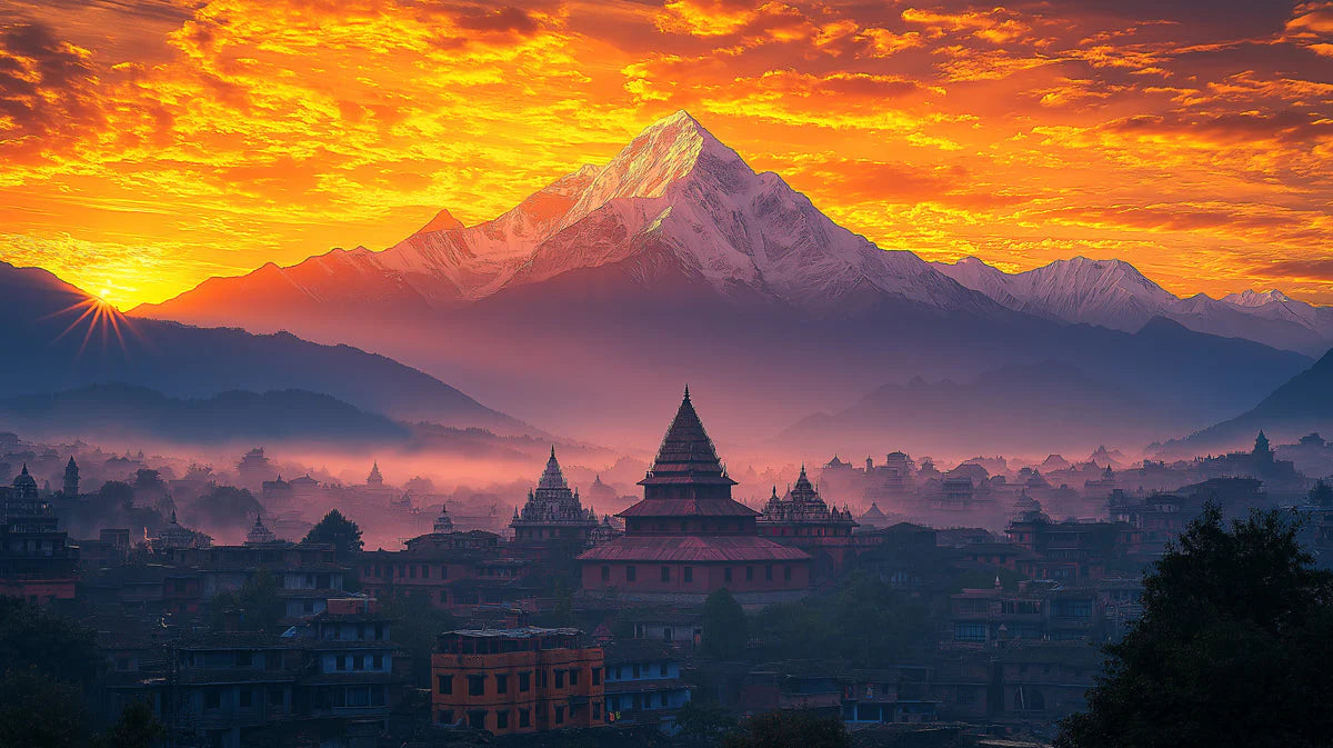 Himalayan Sunrise Mountain Village Mural Wallpaper - room preview 02