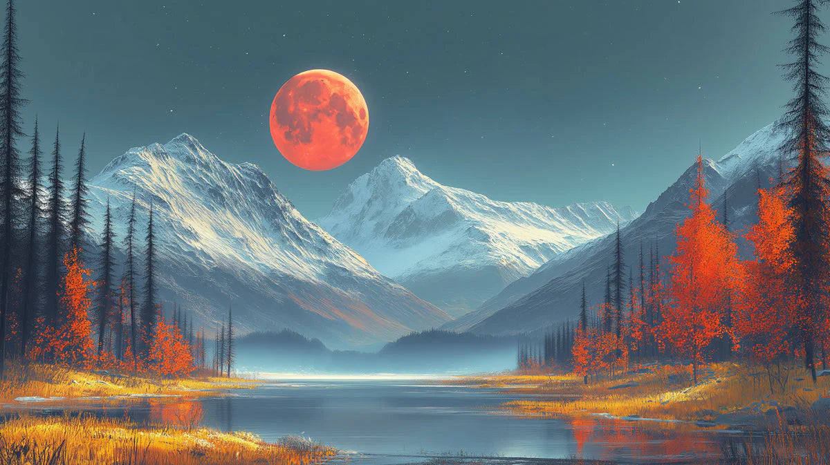 Blood Moon Alpine Peak Mural Wallpaper — Cinematic Sunset Landscape Mural Wallpaper - room preview 02