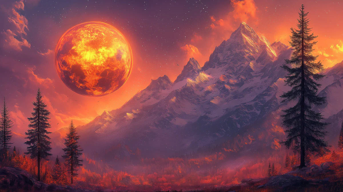 Fiery Lunar Mountain Landscape Mural Wallpaper — Whimsical Decor Mural Wallpaper - room preview 02