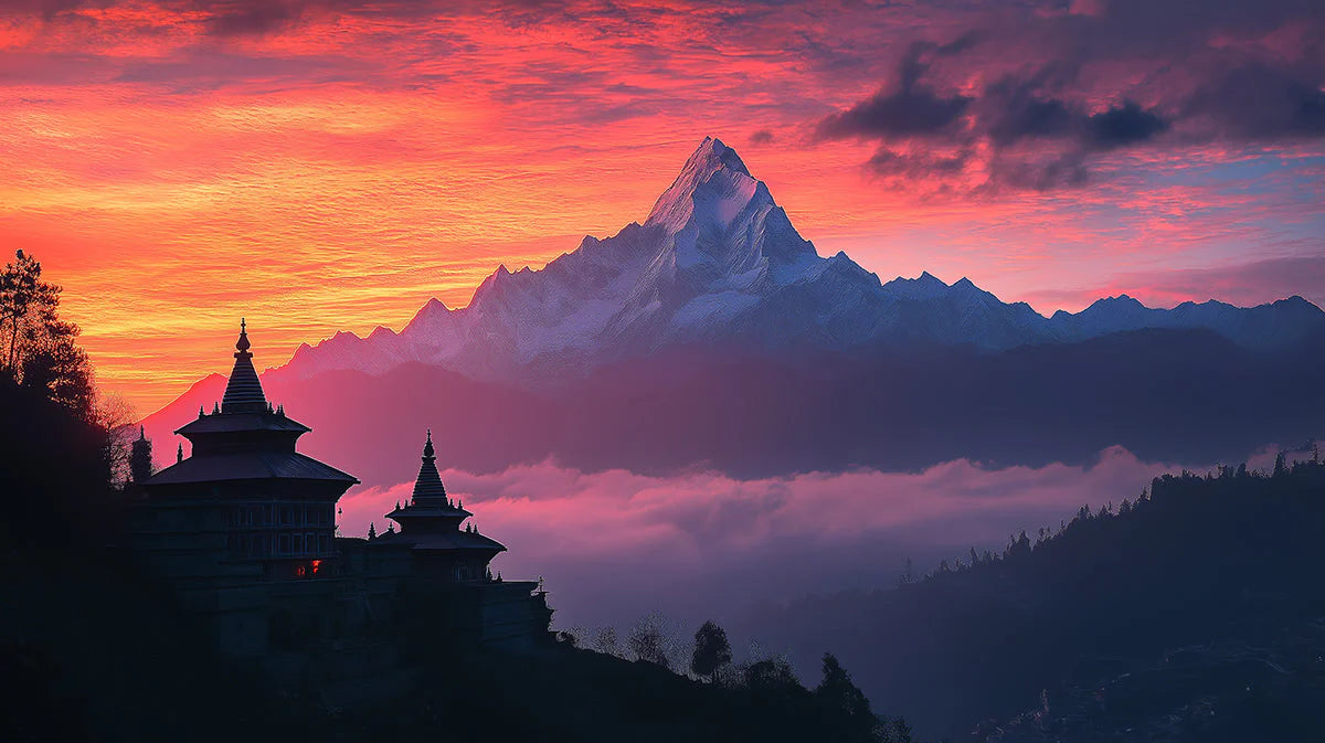 Himalayan Sunrise Temple Mural Wallpaper — Vivid Landscape Decor Mural Wallpaper - room preview 02