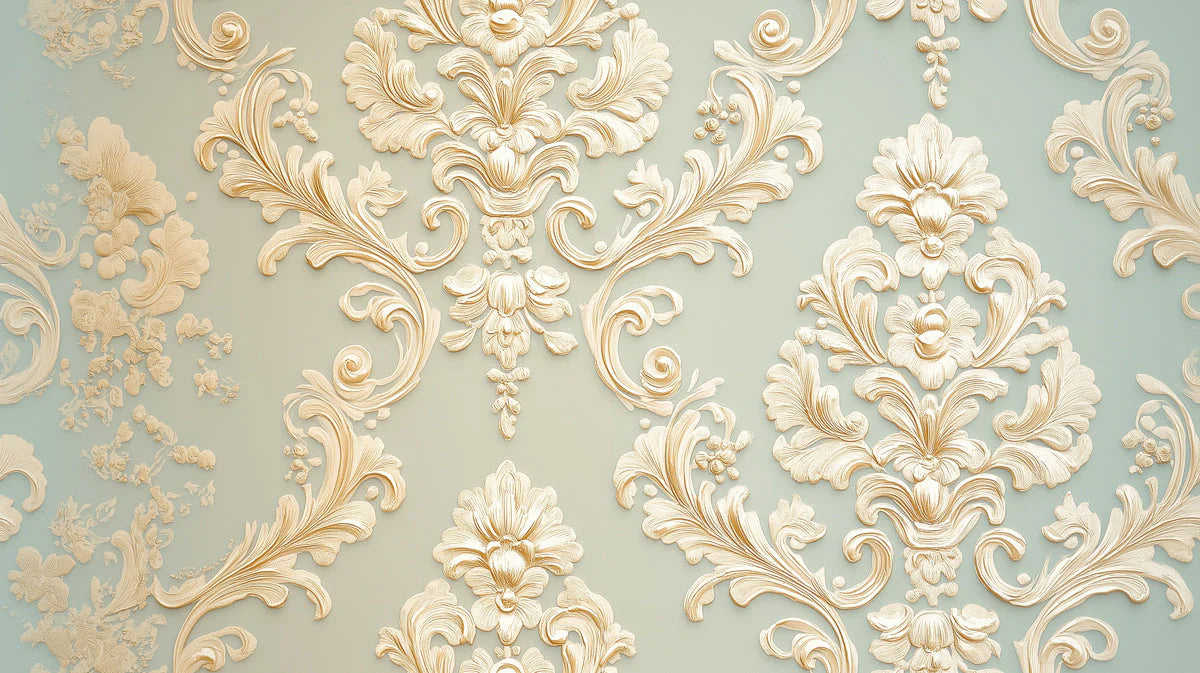 Damask Scroll Mural Wallpaper in Pale Sage and Cream Mural Wallpaper - room preview 02