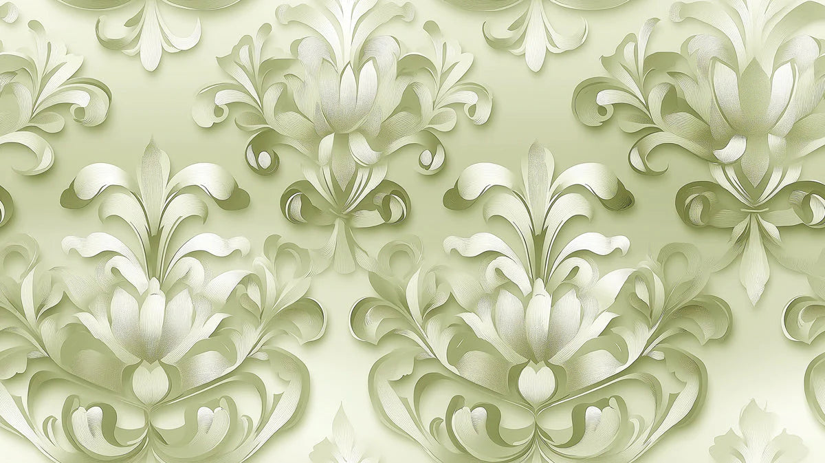Soft Sage Damask Mural Wallpaper — Elegant Floral Motif Mural Wallpaper - room preview 02