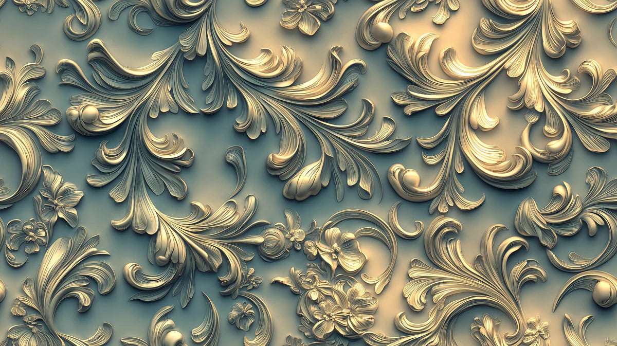 Golden Baroque Floral Mural Wallpaper — Sculpted Relief Effect Mural Wallpaper - room preview 02