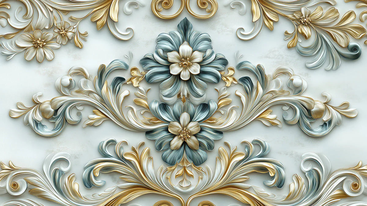 Baroque Floral Relief Mural Wallpaper in Soft Blue and Gold Mural Wallpaper - room preview 02