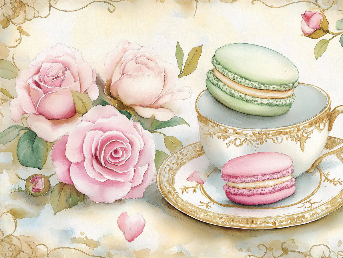 Macaron and Blush Rose Mural Wallpaper — Vintage Tea Time Motif Mural Wallpaper - room preview 02