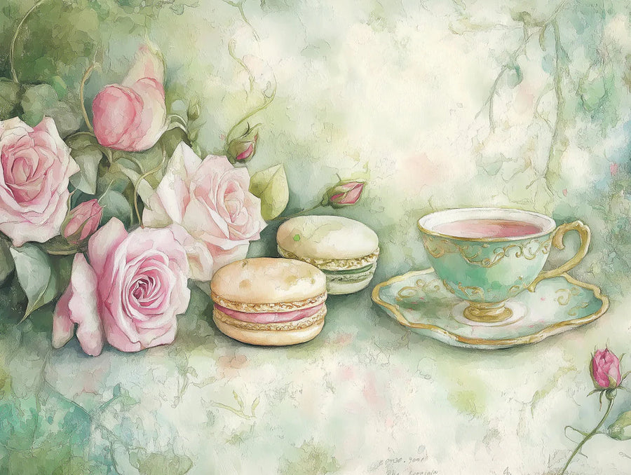 Rose Macaron Teatime Wandtapete — Wandtapete mit sanftem Pastell-Blumenmuster printable artwork