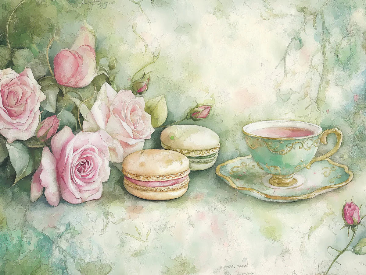 Rose Macaron Teatime Mural Wallpaper — Soft Pastel Floral Design Mural Wallpaper - room preview 02