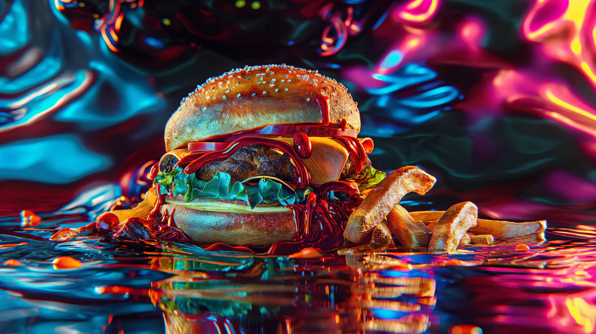 Neon Burger Pop Art Mural Wallpaper — Vibrant Urban Design Mural Wallpaper - room preview 02