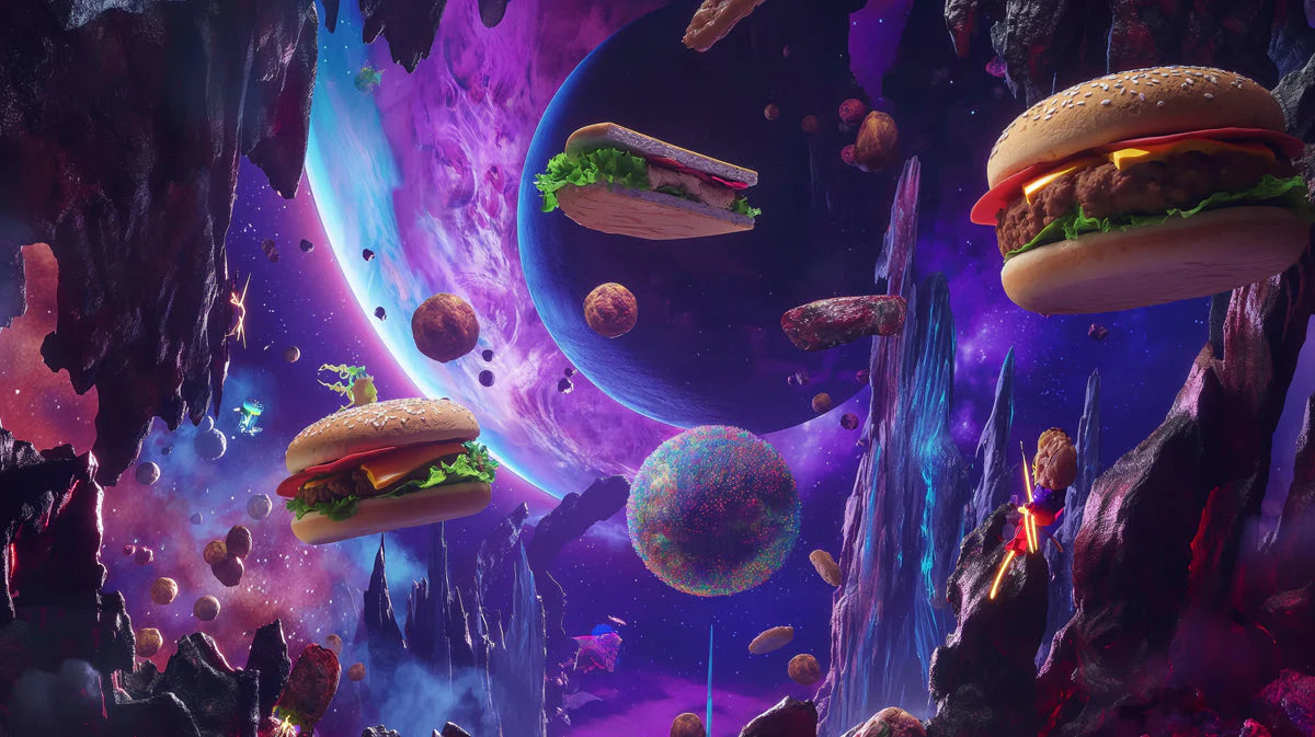 Interstellar Burger Fantasy Mural Wallpaper — Bold Sci-Fi Art Mural Wallpaper - room preview 02