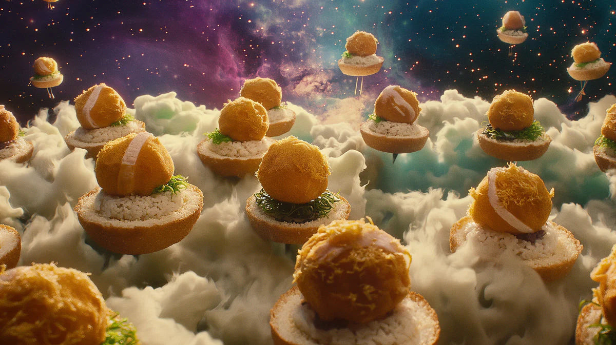 Floating Bites Mural Wallpaper — Surreal Cosmic Food Art Mural Wallpaper - room preview 02