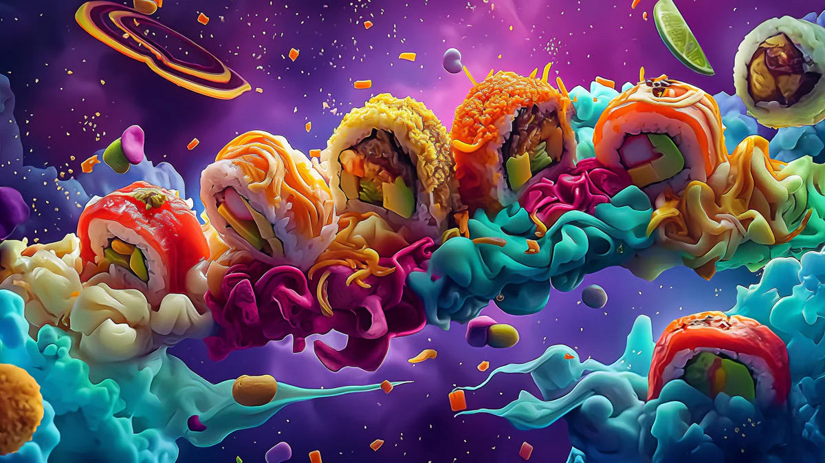 Cosmic Sushi Roll Mural Wallpaper — Vibrant Culinary Art Mural Wallpaper - room preview 02