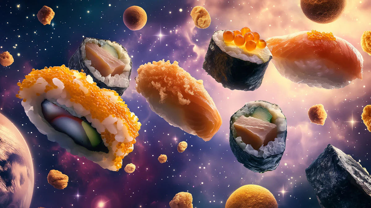 Cosmic Sushi Mural Wallpaper — Vibrant Galactic Culinary Art Mural Wallpaper - room preview 02