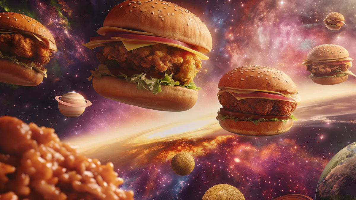 Cosmic Burger Galaxy Mural Wallpaper —Playful Surrealist Design Mural Wallpaper - room preview 02