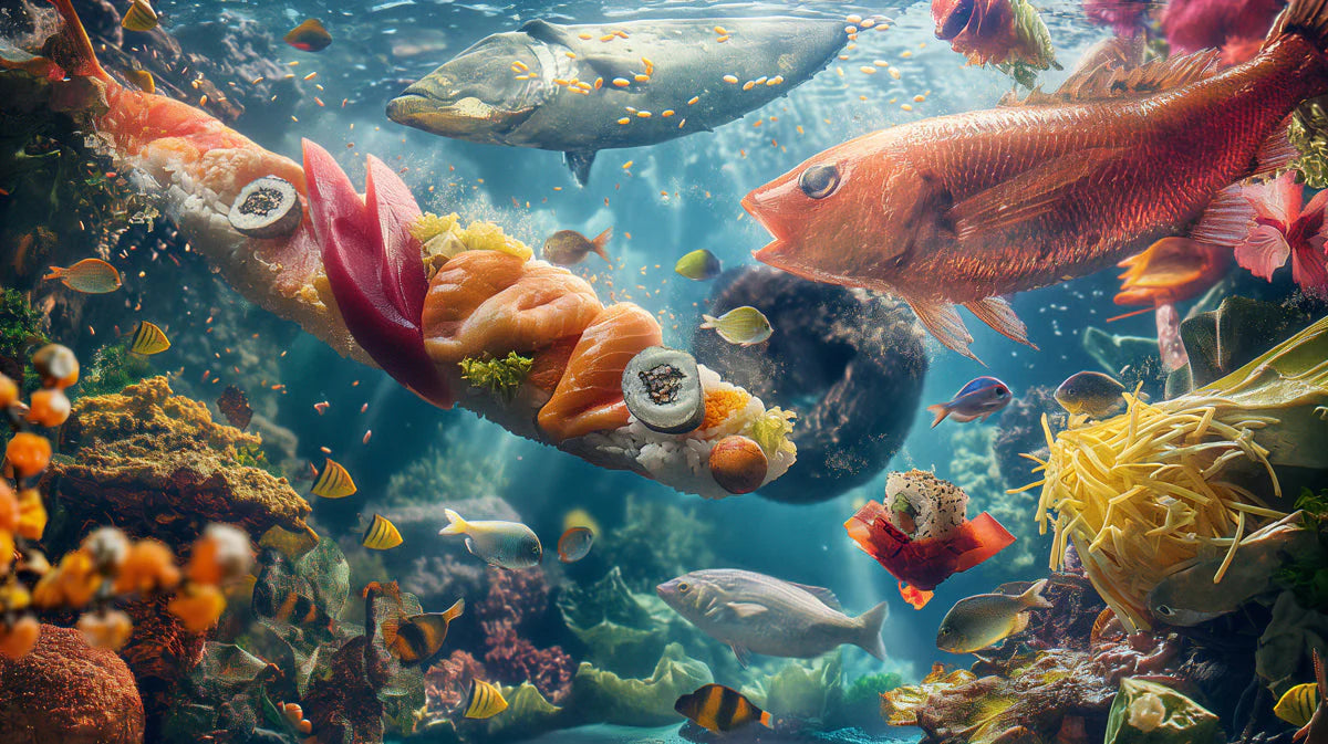 Subaquatic Sushi Fusion Mural Wallpaper — Playful Ocean Scene Mural Wallpaper - room preview 02