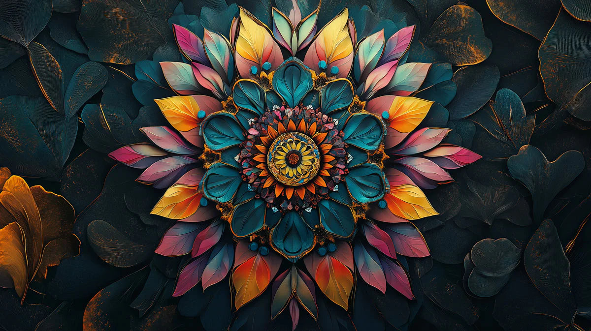 Radiant Mandala Floral Mural Wallpaper in Dark Multicolored Tones Mural Wallpaper - room preview 02