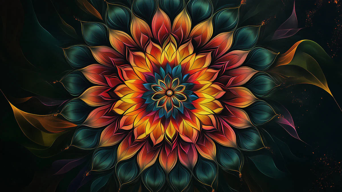 Radiant Mandala Floral Mural Wallpaper — Dark Artistic Statement Mural Wallpaper - room preview 02