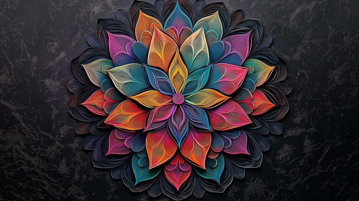 Vibrant Mandala Petal Mural Wallpaper — Artistic Dark Decor Mural Wallpaper - room preview 02